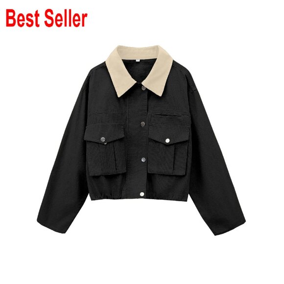 Cropped Utility Jacket Contrast Collar Casual Chic Lightweight Button Down